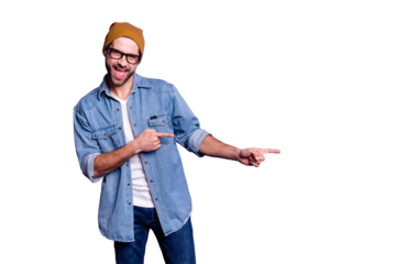 Portrait of his he nice attractive confident cheerful cheery glad bearded guy pointing two forefingers aside best ad advert copy space isolated over bright vivid shine violet lilac background