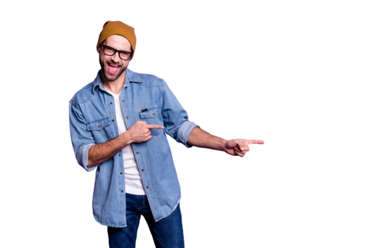 Portrait of his he nice attractive confident cheerful cheery glad bearded guy pointing two forefingers aside best ad advert copy space isolated over bright vivid shine violet lilac background