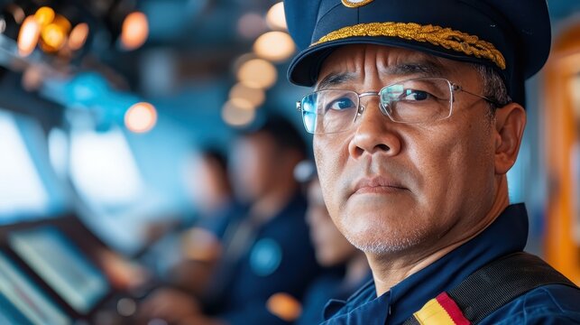 A serious man in a captain's uniform stands on a ship's bridge, symbolizing responsibility, leadership, and precision in a maritime environment.