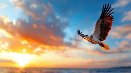An elegant bird spreads its wings wide, soaring against a vibrant sunset backdrop of color-rich clouds, representing freedom and the ethereal beauty of flight.