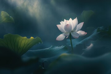 Delicate White Lotus Blossom Emerging from Lush Green Leaves in Ethereal Light, Representing Serenity and Natural Beauty in a Tranquil Pond Setting