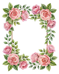 Square Floral Frame Featuring Pink Roses and Green Leaves