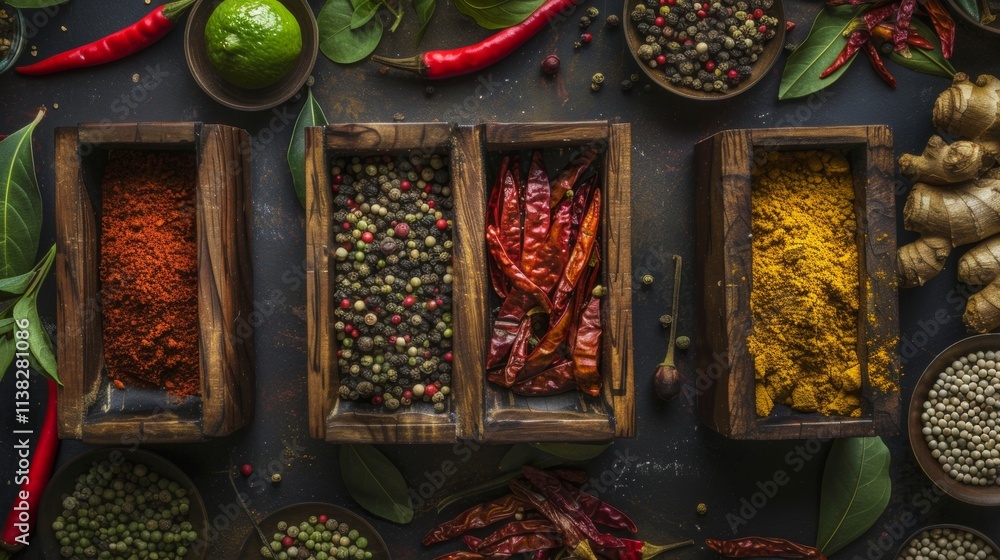 Poster rustic wooden spice containers with assorted spices