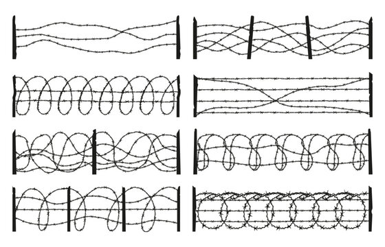 Barbed wire fences. Black fence barbwire silhouettes. Trench war, fencing for house, close area, prison or military facility. Simple style neoteric vector set