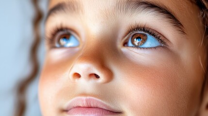 Obraz premium A child gazes upward with a sense of awe, bright big eyes and delicate freckles in focus, creating an image of curiosity and wonder against blue hues.