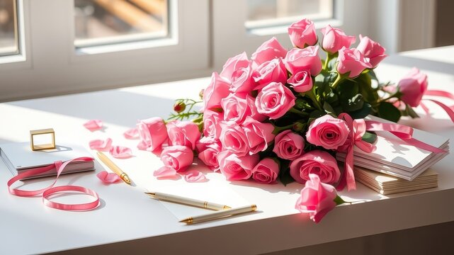 A delicate bouquet of pink roses rests on a white desk, adorned with a stack of blank cards and a ribbon, creating a romantic and inviting atmosphere for a heartfelt message.