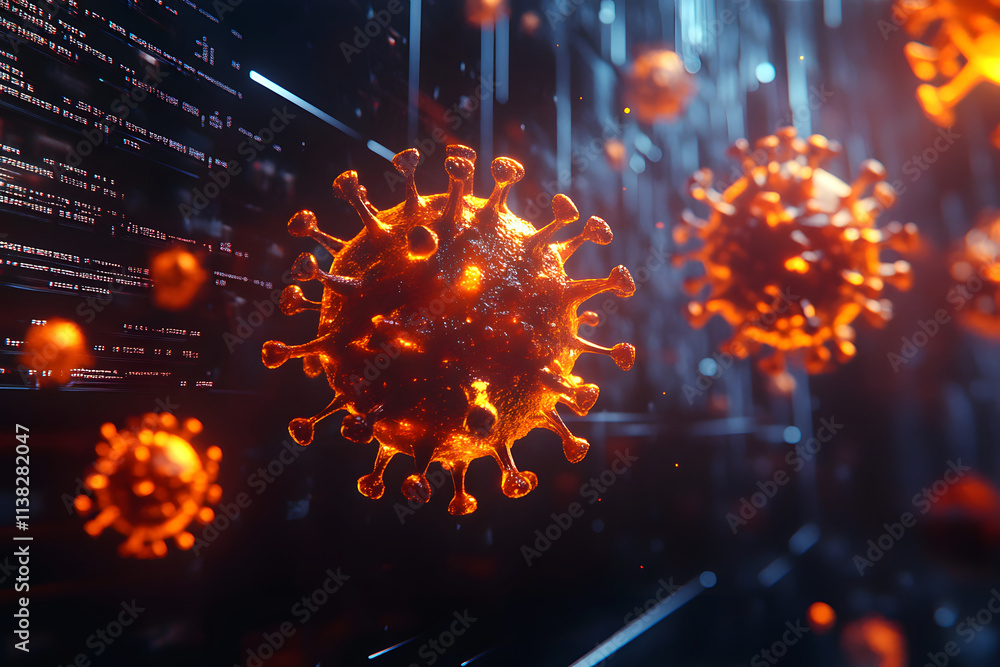 Poster microscopic view of glowing orange virus particles against a dark background with digital code. a st
