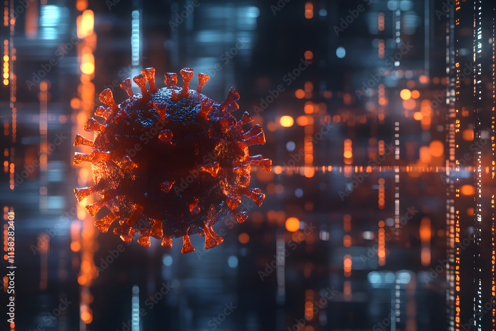 Poster intricate 3d rendering of a virus, glowing with fiery orange and dark hues against a backdrop of dig
