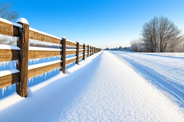 A snow-covered fence in a rural setting, with icicles hanging from the rails and soft morning light creating a peaceful scene
