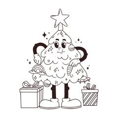 vector outline Christmas illustration template for coloring, activity, sketch funny cartoon mascot Christmas tree getting ready for the party, decorates itself with balls and other decorations