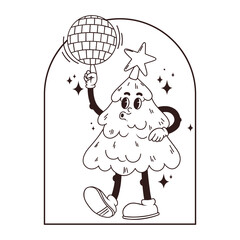 vector outline Christmas illustration template for coloring, activity, sketch funny cartoon mascot Christmas tree spins the disco ball on his finger in vintage frame