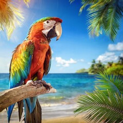 Close up a colorful parrot perched on a branch with a tropical background summer time