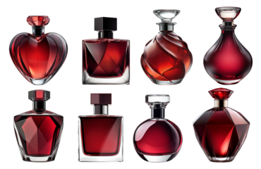 Set collection of simple and extravagant glass perfume bottle in dark red  tinted transparent design. FIlled fragrance mock up with copy space as design pattern.