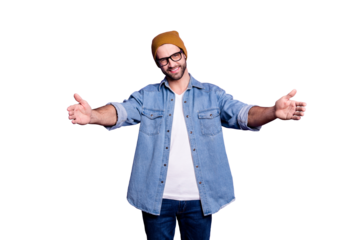 Portrait of his he nice attractive content friendly cheerful cheery kind hospitable bearded guy hugging you isolated over bright vivid shine violet lilac purple background