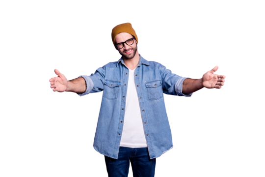 Portrait of his he nice attractive content friendly cheerful cheery kind hospitable bearded guy hugging you isolated over bright vivid shine violet lilac purple background