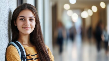 Fototapeta premium Portrait of a beautiful female college student leaning against a wall and looking at camera, with copy space