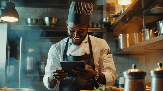 Cheerful chef using a digital tablet in a busy professional kitchen, embracing technology for culinary innovation