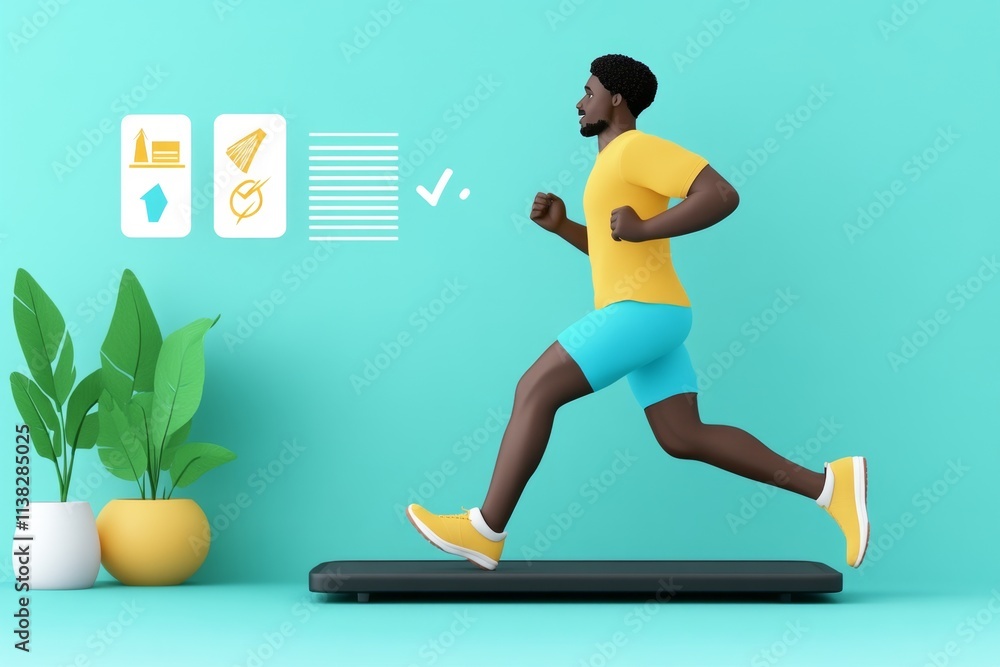 Poster A vibrant 3D illustration of a person running on a treadmill surrounded by digital screens displaying progress metrics and motivational quotes