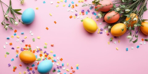 Colorful Easter eggs and confetti on a pink background, a festive celebration