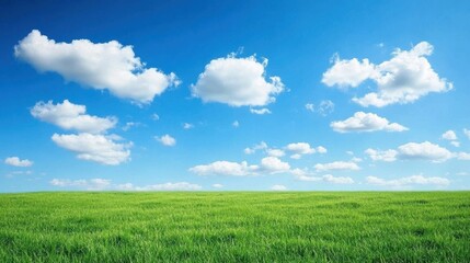 Fototapeta premium Bright white clouds against a clear sky over a gently rolling green field, perfect for a tranquil outdoor setting