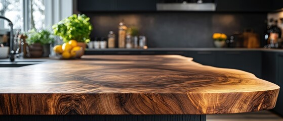 Live edge wood countertop in modern kitchen.