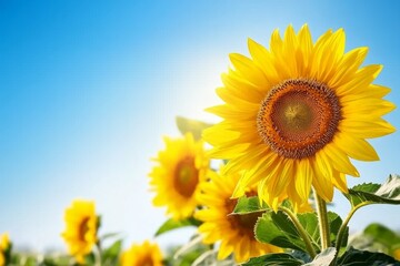 Fototapeta premium A vibrant close-up of a blooming sunflower, with its golden petals glistening in the sunlight and a clear blue sky in the background