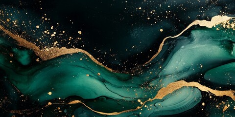 Emerald and Gold Abstract: Liquid art, deep teal and emerald green hues flow like a cosmic river, interwoven with shimmering gold accents.