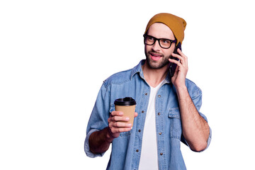 Amazing guy speaking over telephone best friend wait meeting casual dressed isolated violet...