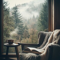 Fototapeta premium A cozy reading nook by a large window overlooking a misty forest, with a soft armchair, a fluffy blanket, and a steaming cup of tea on a small table