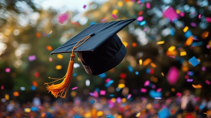 Graduation celebration: flying cap with vibrant confetti in outdoor setting