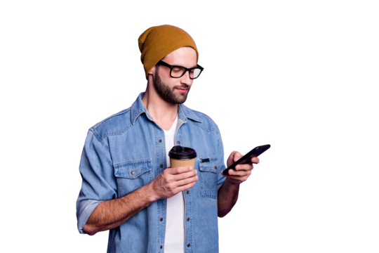 Cool handsome guy holding telephone drinking coffee casual outfit isolated violet background