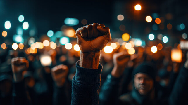 Empowered fists raised high symbolize unity and strength during night protest