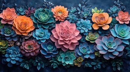 Fototapeta premium Vibrant succulent garden with colorful blooms on dark background