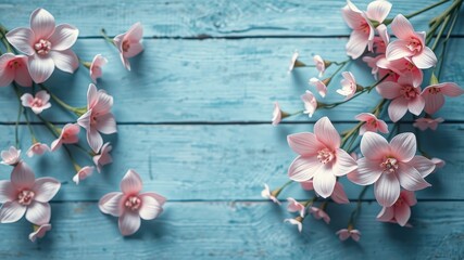 Delicate pink flowers arranged on a weathered blue wooden surface, creating a charming and elegant springtime vignette.