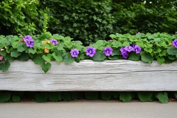 Fototapeta premium A weathered wooden fence enclosing a lush green garden, with vines and colorful flowers growing around it