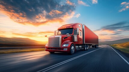 Red truck on highway at sunset: transportation and logistics on the open road
