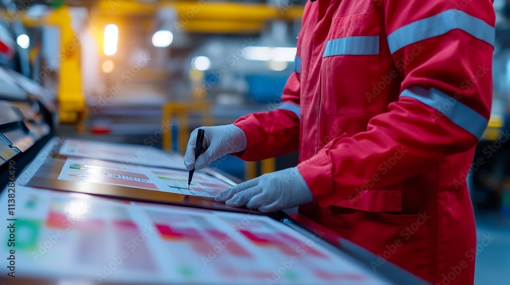 Poster worker carefully checking printed pages for alignment and print during control inspection