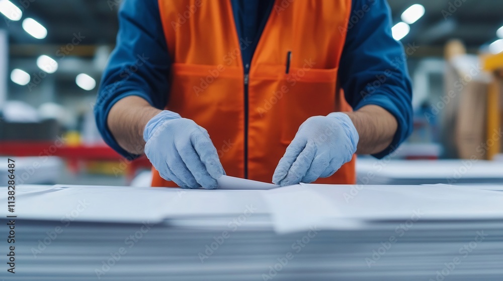 Poster worker carefully checking printed pages for alignment and print during control inspection
