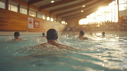 A group of swimmers train in an indoor pool with a crowd of spectators watching from the stands.