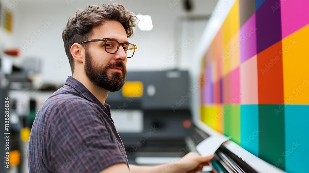 Poster professional print operator reviewing digital proofs and approving designs before production