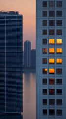 surreal urban composition of towering skyscrapers at sunset, showcasing reflections and illuminated windows