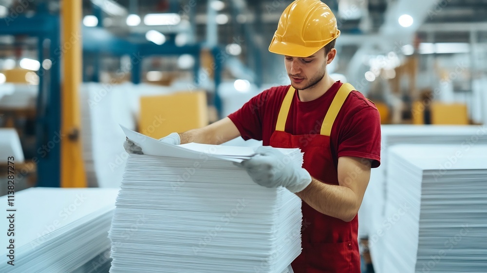 Poster factory worker inspecting printed material for defects before finishing process
