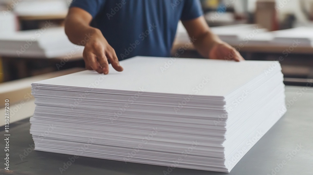 Poster worker carefully examining printed material from stack before finishing process
