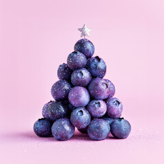 Christmas tree made of blueberries with silver glitter on pink background representing a creative and healthy christmas concept