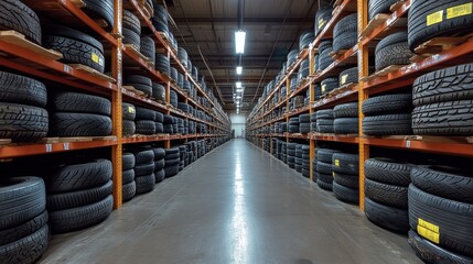 Expansive warehouse aisle filled with organized tire stacks on metal shelves