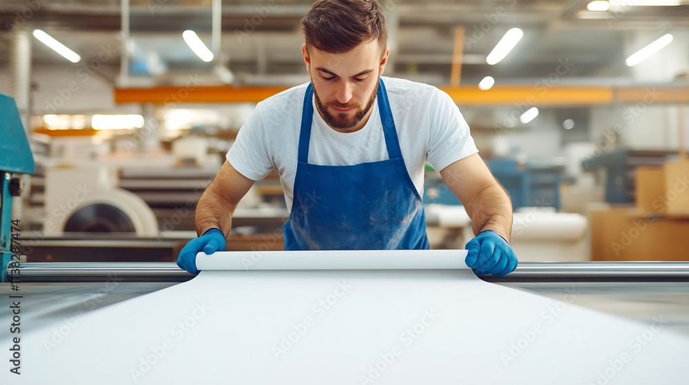 Aufkleber printing press technician aligning sheet for precise image