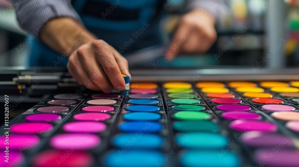 Poster close-up of color technician adjusting ink values on high-end printing press