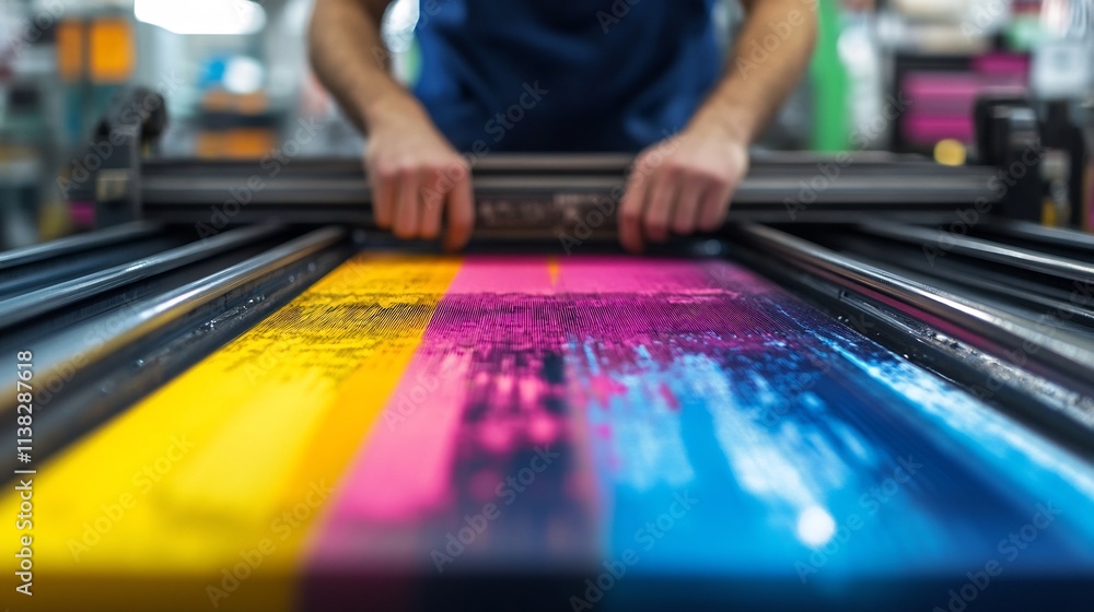 Aufkleber technician adjusting color ink values on high-end printing press