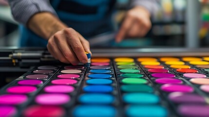 Close-up of Color Technician Adjusting Ink Values on High-End Printing Press