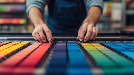 Color Technician Adjusting Ink Values on Printing Press Console